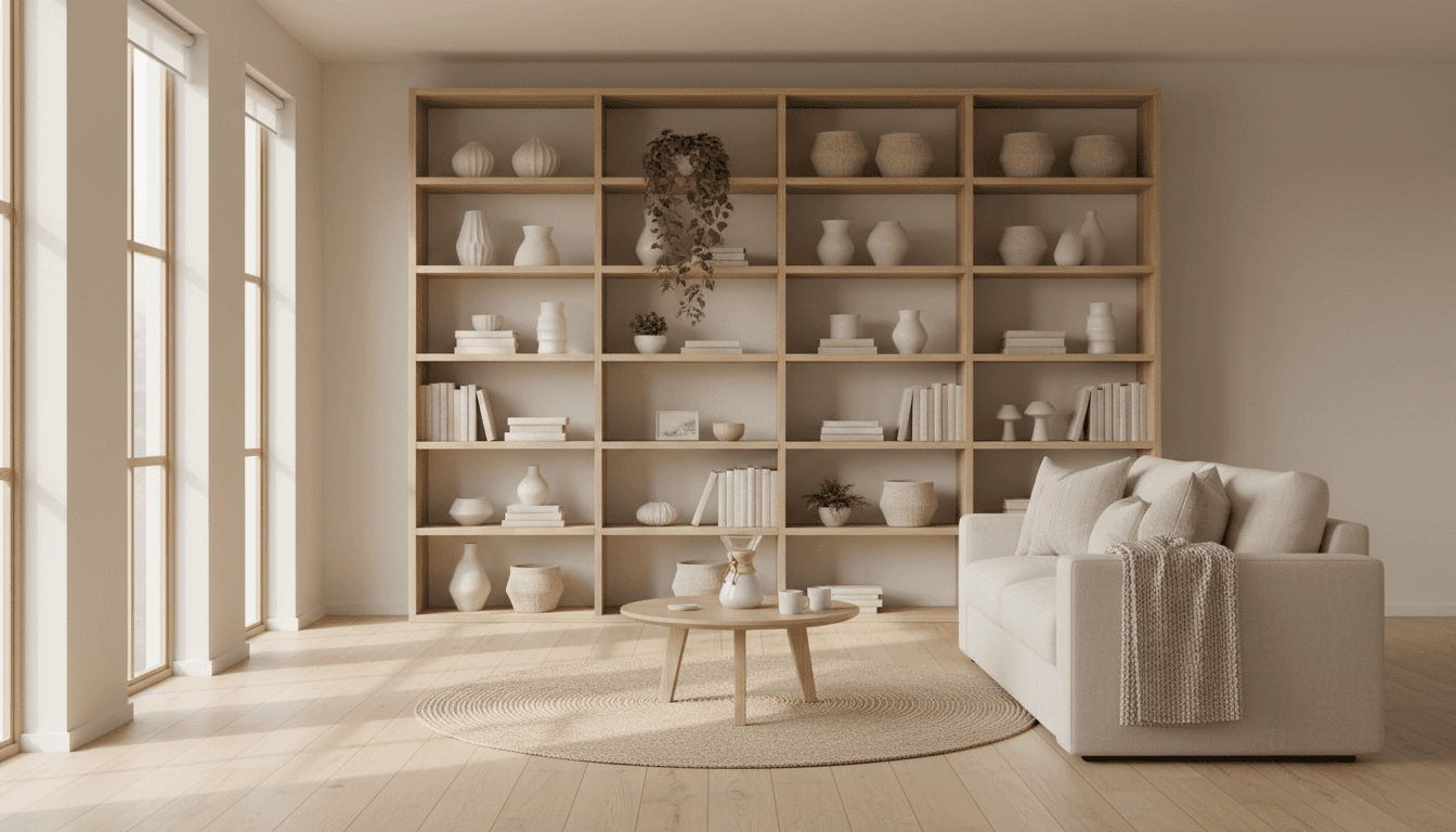 A calm, beautifully organized living room with open shelving in soft natural light