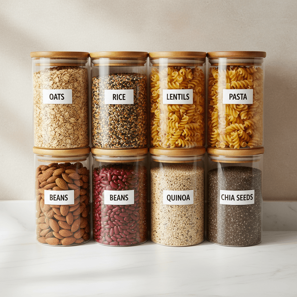 Clear glass storage containers filled with organized dried goods and labeled pantry essentials