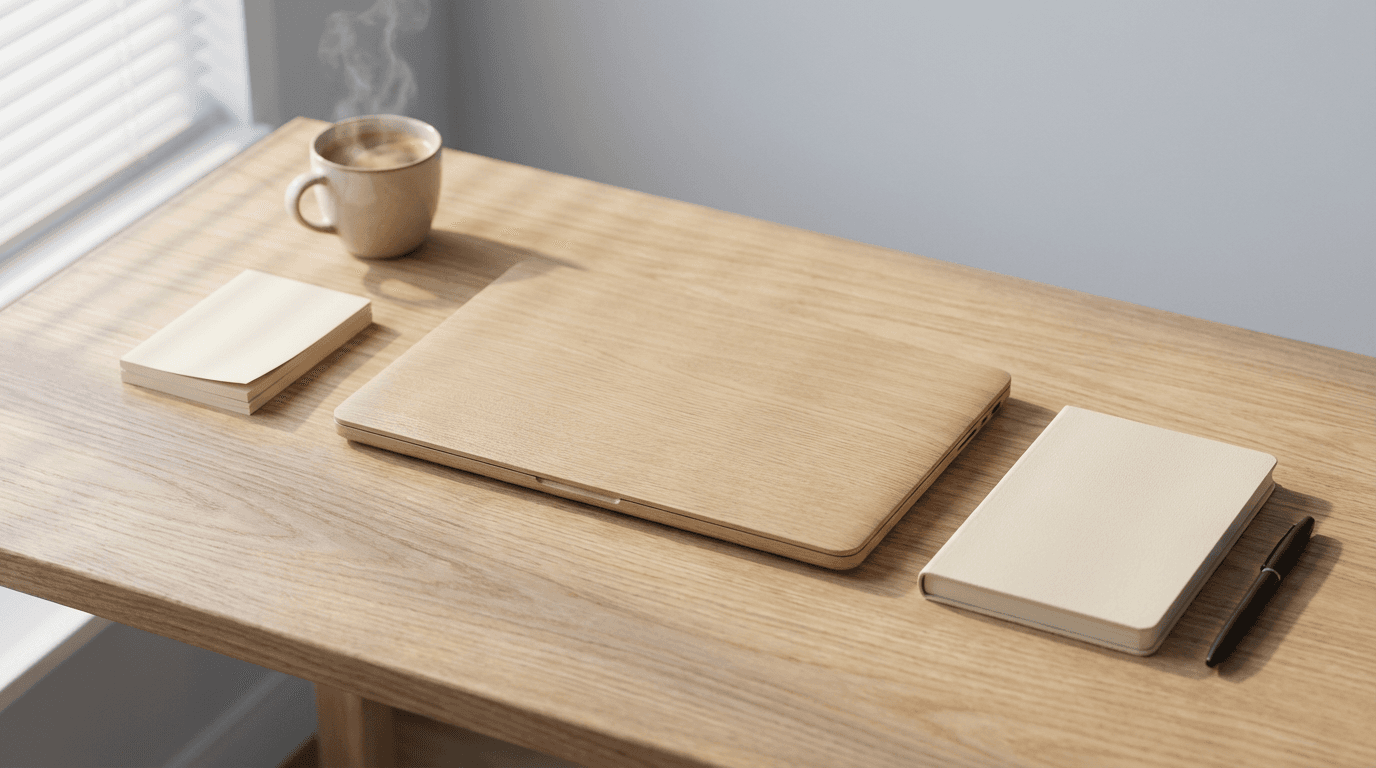 Organized desk with laptop, notebook, pen, and steaming coffee cup in soft daylight with blind shadows across wood surface.