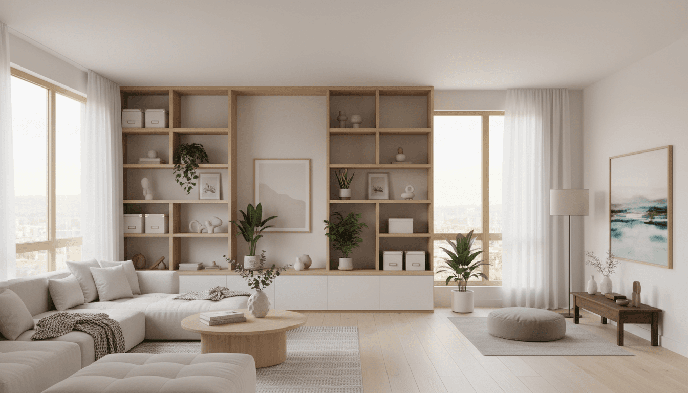 Serene, fully organized living room with soft natural light, open spaces, and thoughtful furniture arrangement promoting calm and wellbeing