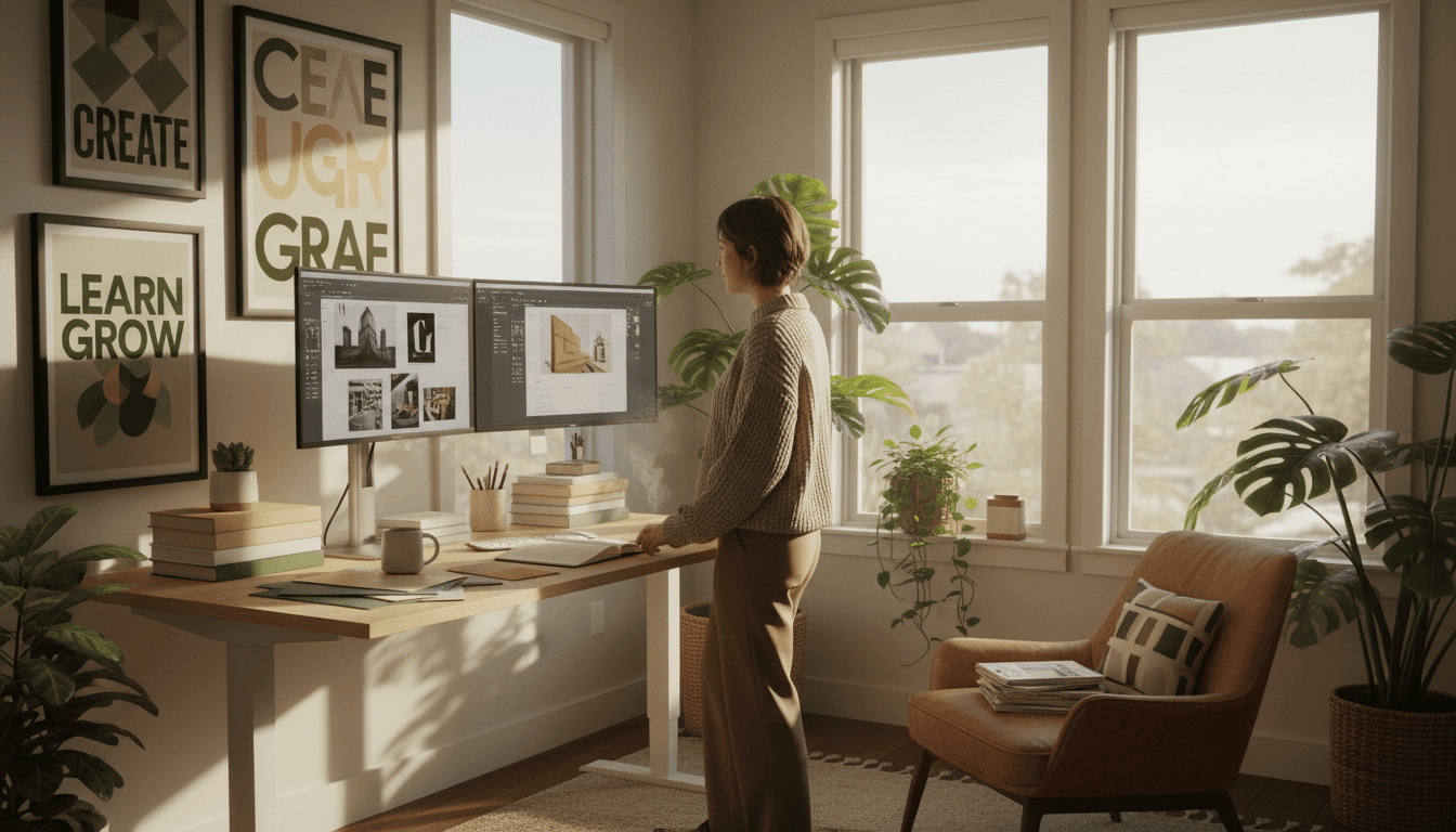 Designer working at standing desk with dual monitors in bright, plant-filled home office
