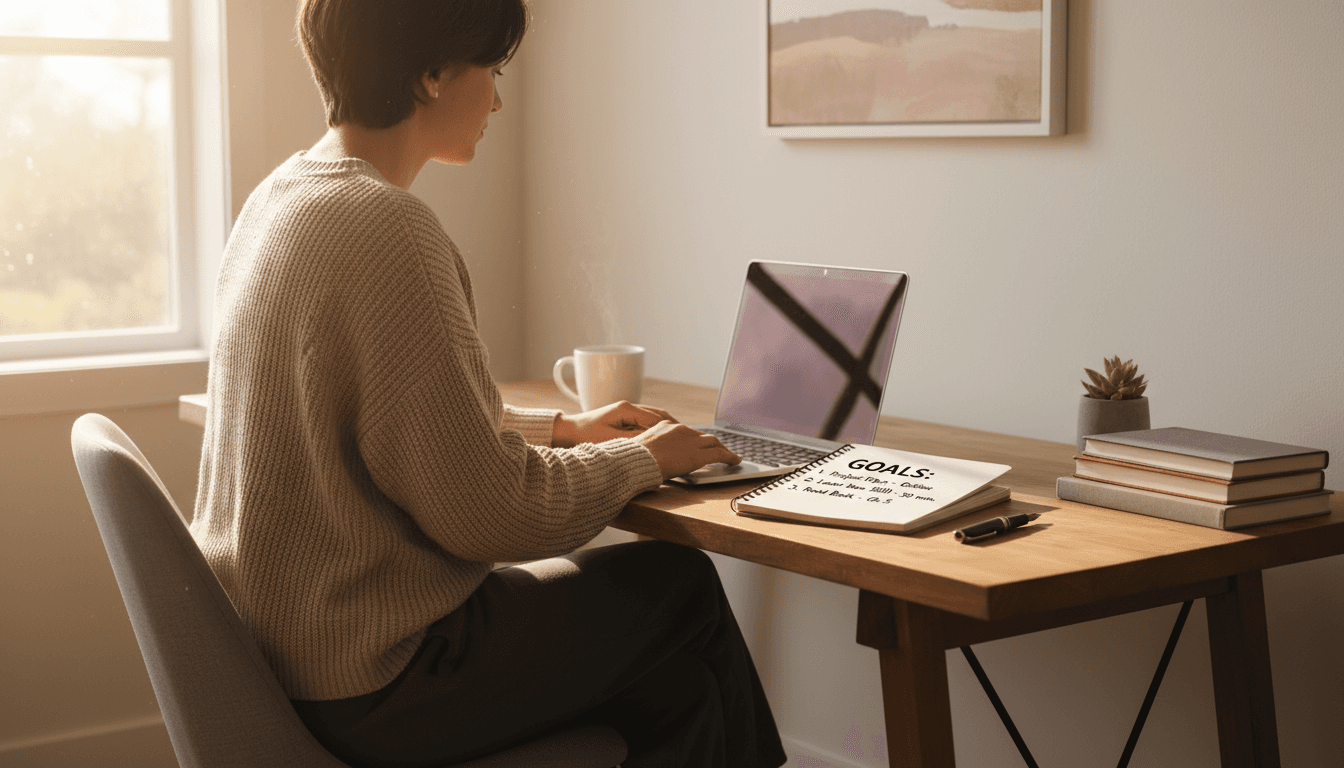 Person working at wooden desk with laptop and handwritten goals in bright, minimalist home office with natural window light