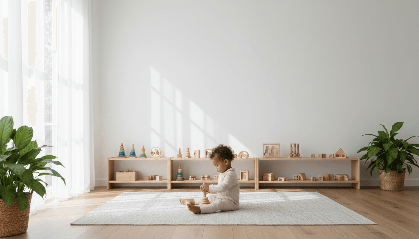 Bright playroom with diverse toddler playing among wooden toys on natural wood shelving and floors